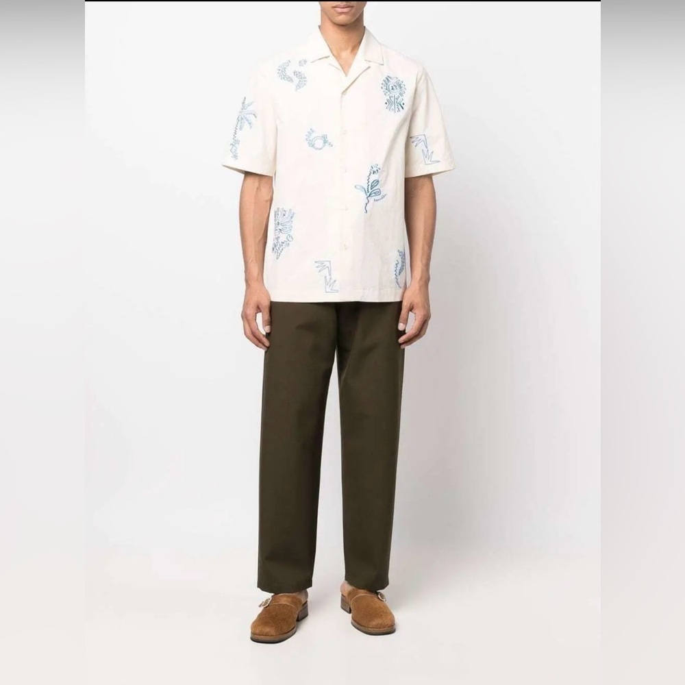 NANUSHKA Mens Shirt Medium Cream Button Up BODIL Embroidered Poplin Camp…​​​